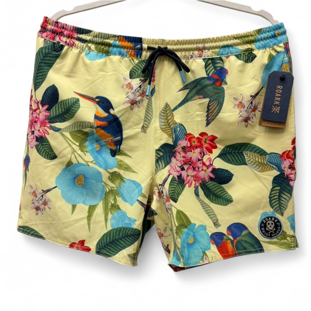 Roark Men’sYellow Tropical Floral & Bird Swim Shorts with Blue and Green Accents